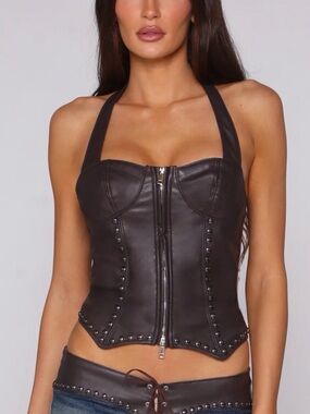 New REVICE Gisele Halter Chestnut Brown Faux Leather Studded Corset Top S